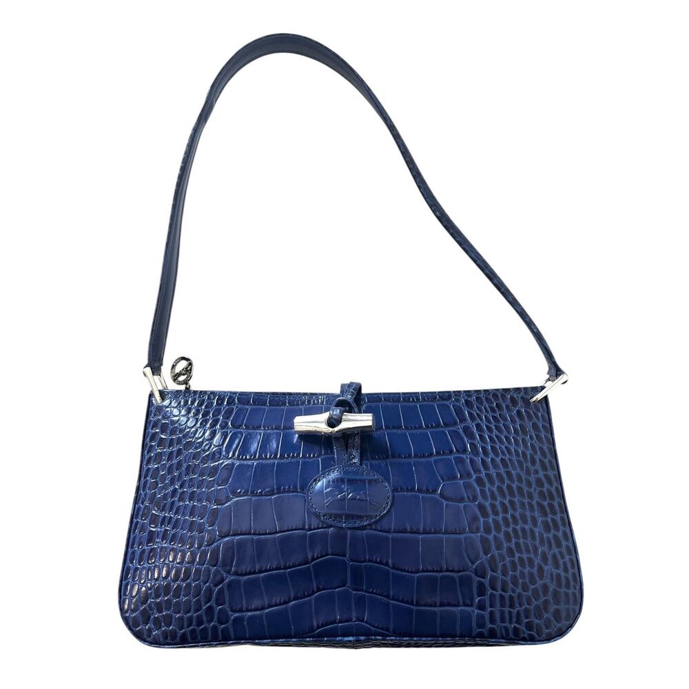Longchamp Roseau Blue Croc Embossed Shoulder Bag Vintage Y2K Bamboo Toggle